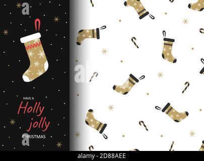 Modello invernale senza cuciture con calzino natalizio in oro. Illustrazione Vettoriale