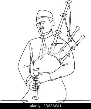 Disegno a linea continua illustrazione di un bagpiper scozzese che gioca a bagpipe, uno strumento woodwind che utilizza canne racchiuse alimentate da un serbatoio costante Illustrazione Vettoriale