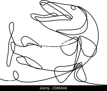 Disegno a linea continua illustrazione di una muskellunge, muskie, musky, massquinongia di Esox o affondo, una specie di grandi pesci d'acqua dolce originari del Nord am Illustrazione Vettoriale