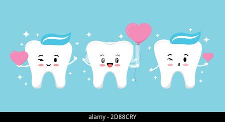 Denti con cuore e scintille vettore amore dentistico set di icone. Illustrazione Vettoriale