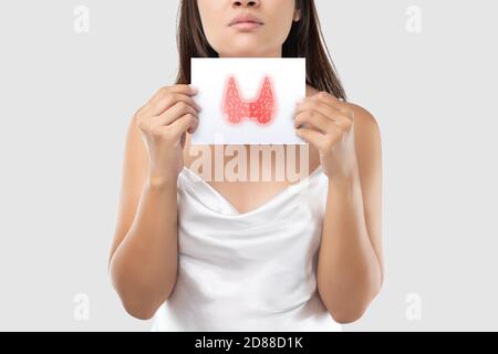 L'illustrazione della tiroide nel libro bianco è sul collo della donna. Controllo della ghiandola tiroidea femminile. Mal di gola di un popolo contro una schiena grigio chiaro Foto Stock