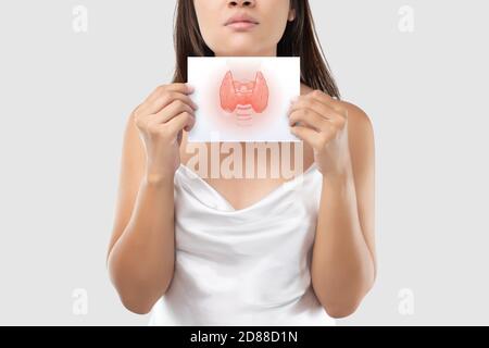 L'illustrazione della tiroide nel libro bianco è sul collo della donna. Controllo della ghiandola tiroidea femminile. Mal di gola di un popolo contro una schiena grigio chiaro Foto Stock