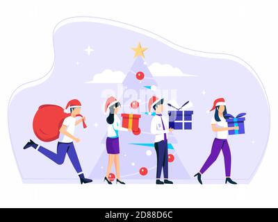 Uomini d'affari vettoriali che camminano sulla festa corporativa con i regali e i saluti. Felici i colleghi che portano con sé un giftbox e si preparano per le vacanze invernali Illustrazione Vettoriale