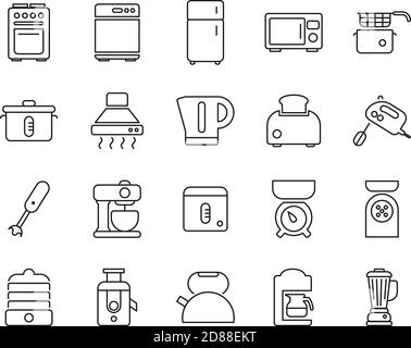 Elettrodomestici da cucina icone nero e bianco linea sottile Set grande Illustrazione Vettoriale