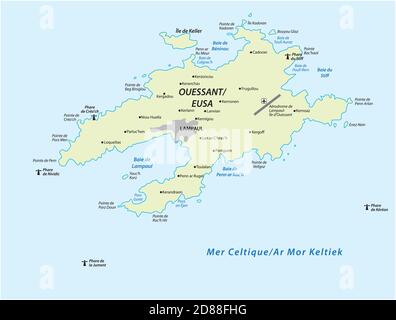 Mappa vettoriale dell'isola francese di Ouessant al largo della costa della Bretagna, Francia Illustrazione Vettoriale