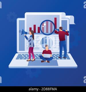 Relazioni pubbliche e background di marketing con simboli e persone. Concetto di marketing sui social media. Design piatto con gradiente. Vettore moderno. Illustrazione Vettoriale