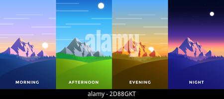 Insieme di quattro sfondi vettoriali di ore del giorno. Splendido paesaggio montano con cielo colorato. Sfondo in stile cartoon piano - cartone poligonale Illustrazione Vettoriale