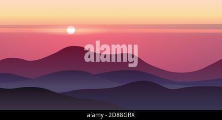 Sfondo vettoriale di bellissimo paesaggio con colline, cielo all'alba, sfondo in stile cartoon piano - illustrazione poligonale paesaggio. Illustrazione Vettoriale