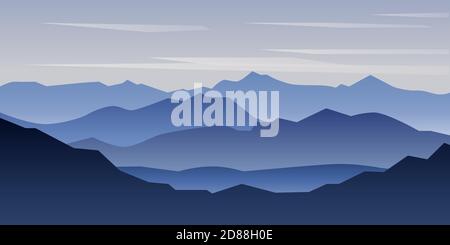 Sfondo vettoriale di bellissimo paesaggio con montagne blu e cielo blu, sfondo in stile cartoon piano - illustrazione poligonale paesaggio. Illustrazione Vettoriale
