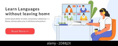 Banner web di formazione online a distanza. Ragazza sceglie un corso per studiare una lingua straniera sul sito web. E-learning a casa. Modello vettore Illustrazione Vettoriale