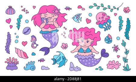 Sotto il mare - Set di adesivi isolati per bambini. Graziose sirene, meduse, pesci oceanici, piante d'acqua, conchiglie e anemoni. Illustrazione Vettoriale