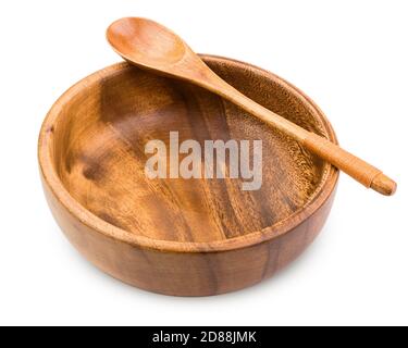 piatto di legno, ciotola, isolato su fondo bianco, percorso di ritaglio, profondità di campo completa Foto Stock