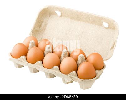 uova di pollo, dieci, in scatola di carta, isolate su sfondo bianco, percorso di ritaglio, piena profondità di campo Foto Stock