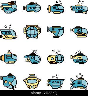 Set di icone bathyscaphe. Contorno insieme di icone vettoriali bathyscaphe linea sottile colore piatto su bianco Illustrazione Vettoriale