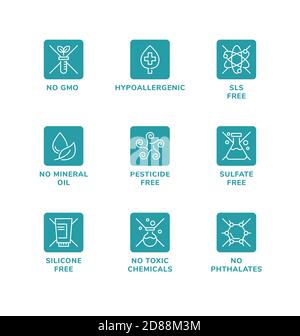 Insieme vettoriale di elementi di design, modello di logo, icone e badge per cosmetici naturali e organici. Senza SLS, senza solfato, senza silicone, senza miniera Illustrazione Vettoriale