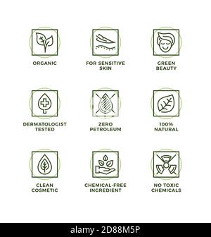 Insieme vettoriale di elementi di design, modello di logo, icone e badge per cosmetici naturali e organici. Set di icone di linea, tratto modificabile. Illustrazione Vettoriale