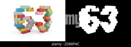 Colorato giocattolo in plastica numero sessantatre (numero 63) da mattoni di costruzione con canale alfa e ombra su sfondo bianco. Illustrazione 3D Foto Stock