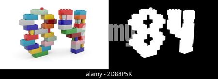 Colorato giocattolo in plastica numero ottantaquattro (numero 84) da costruire mattoni con canale alfa e ombra su sfondo bianco. Illustrazione 3D Foto Stock