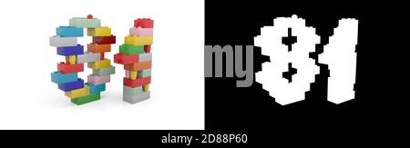 Giocattolo colorato in plastica numero ottantuno (numero 81) da mattoni di costruzione con canale alfa e ombra su sfondo bianco. Illustrazione 3D Foto Stock