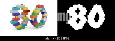 Colorato giocattolo in plastica numero ottanta (numero 80) da mattoni di costruzione con canale alfa e ombra su sfondo bianco. Illustrazione 3D Foto Stock