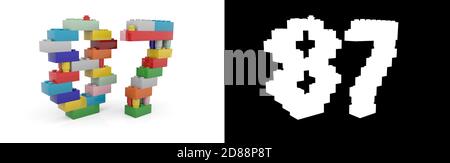 Colorato giocattolo in plastica numero ottantasette (numero 87) da costruire mattoni con canale alfa e ombra su sfondo bianco. Illustrazione 3D Foto Stock