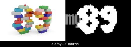 Colorato giocattolo in plastica numero ottantanove (numero 89) da mattoni di costruzione con canale alfa e ombra su sfondo bianco. Illustrazione 3D Foto Stock