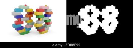 Colorato giocattolo in plastica numero ottantotto (numero 88) da costruire mattoni con canale alfa e ombra su sfondo bianco. Illustrazione 3D Foto Stock