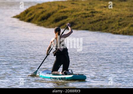 Vista posteriore di una vacanziera femminile inginocchiata su una tavola Stand Up in stile Sandbanks sul fiume Gannel a Newquay in Cornovaglia. Foto Stock