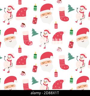 Modello di simboli di Natale. Babbo Natale, Snowman, candele, albero di Natale. Il modello viene ripetuto e non presenta cuciture. Carino vettore di Cartoon Illustrazione Vettoriale