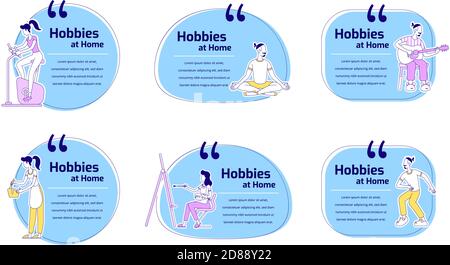 Hobby a casa flat colore vettore caratteri virgolette set Illustrazione Vettoriale