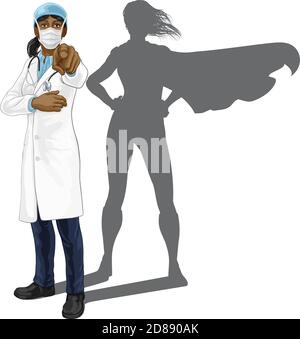 Dottore Donna indicando con Super Hero ombra Illustrazione Vettoriale
