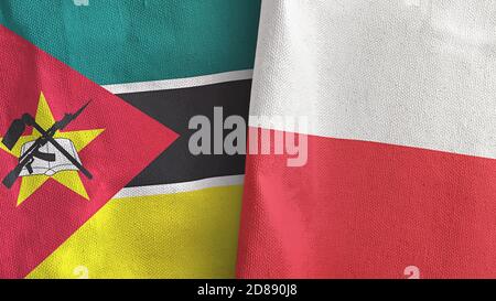 Polonia e Mozambico due bandiere tessuto 3D rendering Foto Stock