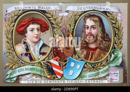 Serie di quadri famosi pittori, Hans Holbein il giovane e Albrecht Dürer, Germania / Bilderserie berühmte Maler, Hans Holbein der Jüngere und Albrecht Dürer, Deutschland, Liebigbild, riproduzione digitale migliorata di un'immagine da collezione della società Liebig, stimata dal 1900, pd / versione digitale Reproduktion eines Sammelbildes ca 1900, gemeinfrei, Foto Stock