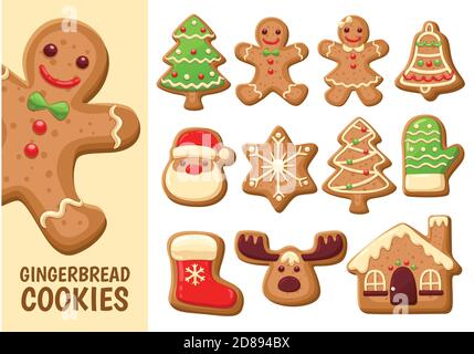 Set di graziosi biscotti di pan di zenzero per natale. Isolato su sfondo bianco. Illustrazione vettoriale. Illustrazione Vettoriale