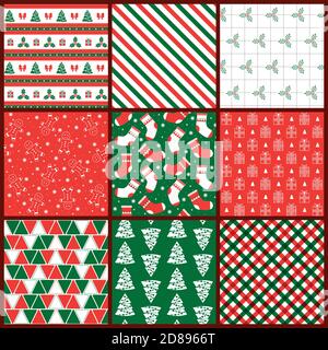 Set di motivi vettoriali natalizi, 9 pezzi in una combinazione di colori. Colori rosso-verde Illustrazione Vettoriale