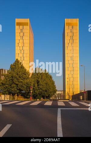 Lussemburgo, Lussemburgo, Kirchberg, le torri gemelle della Corte di giustizia europea soprannominata la torre di Babele Foto Stock