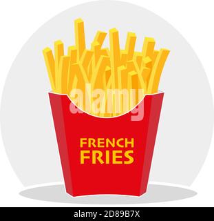 Illustrazione vettoriale di French Fries in una confezione di cartone da togliere rossa, isolata su sfondo giallo Illustrazione Vettoriale