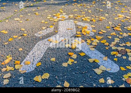 Attraversamento pedonale sulla strada coperta di foglie d'autunno Foto Stock