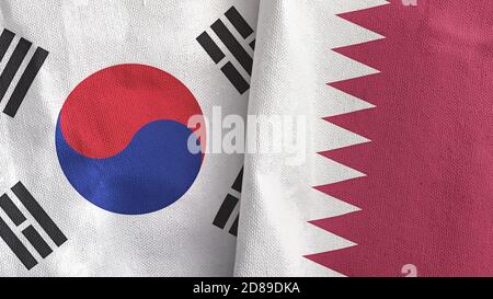 Qatar e Corea del Sud due bandiere tessuto tessuto rendering 3D Foto Stock