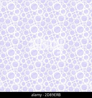 Bolle motivo senza cuciture acquerello. Astratto viola lavanda colore sfondo acquerello con cerchi bianchi. Texture rotonda disegnata a mano. Stampa Foto Stock