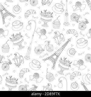 Parigi motivo senza giunture con elementi di schizzo disegnati a mano - eiffel towerh, articoli di moda. Illustrazione vettoriale del doodle del disegno, isolata su bianco Illustrazione Vettoriale