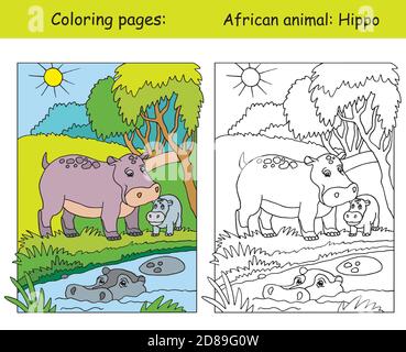 Pagine vettoriali da colorare con carina famiglia ippo in area africana. Cartoon isolato illustrazione colorata. Colorare e colorare l'immagine dell'ippopotamo. Per colorina Illustrazione Vettoriale