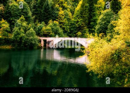 Ponte sul Lago di Wegithal in autunno, Schwyz, Svizzera Foto Stock