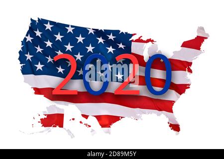 Bandiera americana a forma di mappa degli Stati Uniti isolata su sfondo bianco, concetto delle elezioni presidenziali del 2020 Foto Stock