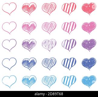 Set di diversi cuori disegnati a mano per il design Illustrazione Vettoriale