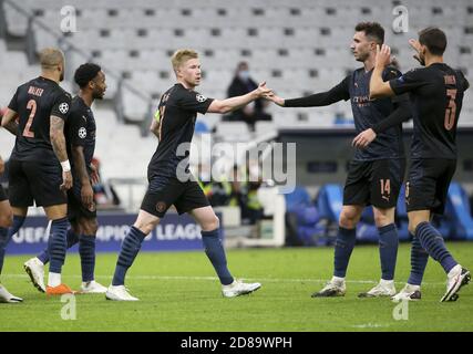 Kevin de Bruyne di Manchester City celebra il primo gol con Aymeric Laporte, Ruben Dias durante la UEFA Champions League, Group Stage, Group C. Foto Stock