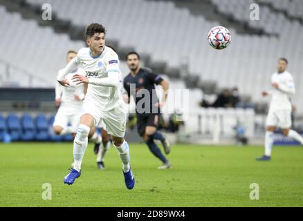 Leonardo Balerdi di Marsiglia durante la UEFA Champions League, la fase di Gruppo, la partita di calcio del Gruppo C tra Olympique de Marseille e Manchester Ci C. Foto Stock