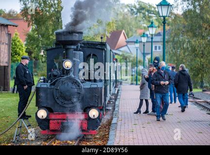 17 ottobre 2020, Meclemburgo-Pomerania occidentale, Klütz: Una locomotiva a brigata di 102 anni è in piedi con un treno passeggeri in stazione e attende la partenza sulla linea ferroviaria leggera "Kaffebrenner". Alla fine della stagione sul treno turistico con 600 millimetri di carreggiata, una storica locomotiva a vapore viaggerà lungo la linea. Il treno viaggerà a 20 chilometri all'ora sulla tratta di soli sei chilometri tra Klütz e Reppenhagen. La linea ferroviaria nel Meclemburgo nord-occidentale è stata aperta il 6 giugno 1905 come "Ferrovia Grand-Ducal-Meclemburgo-Friedrich-Franz" ed è stata inizialmente utilizzata Foto Stock