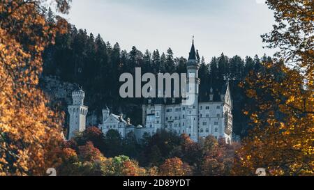 Castello di New Schwanstein in autunno circondato da colorate tress Foto Stock