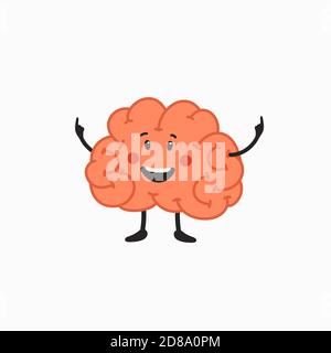 Felice personaggio cervello. Cervello umano con l'icona del viso carino su sfondo bianco. Illustrazione Vettoriale